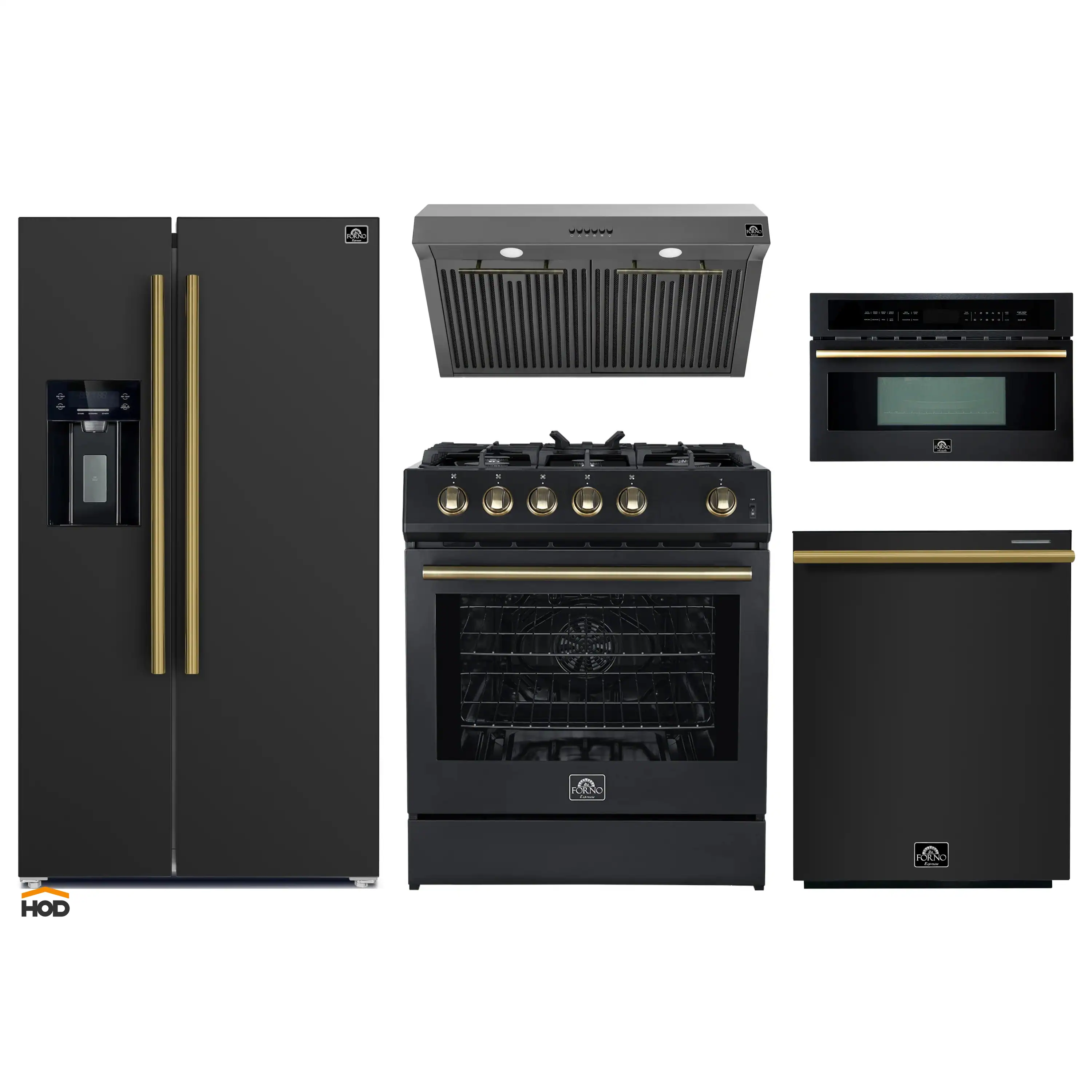 Forno 5-Piece Appliance Package - 30-Inch Gas Range, Under Cabinet Range Hood, Refrigerator with Water Dispenser, Dishwasher, and  30-Inch Microwave Oven in Black with Antique Brass Trim