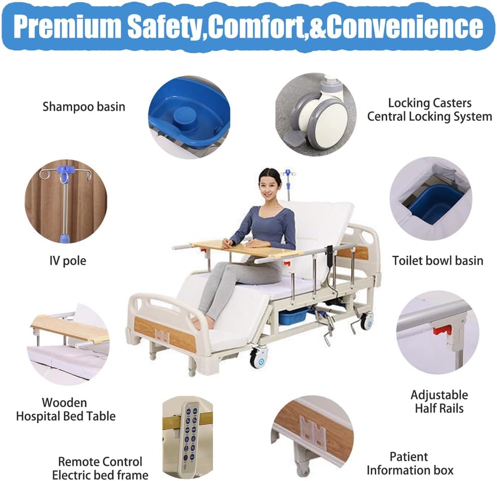 Premium 10 Function Full Electric Hospital Bed, with Lateral Tilting Electric Medical Bed for Home and Hospital, with Mattress Rails Locking Casters 530LB Loading