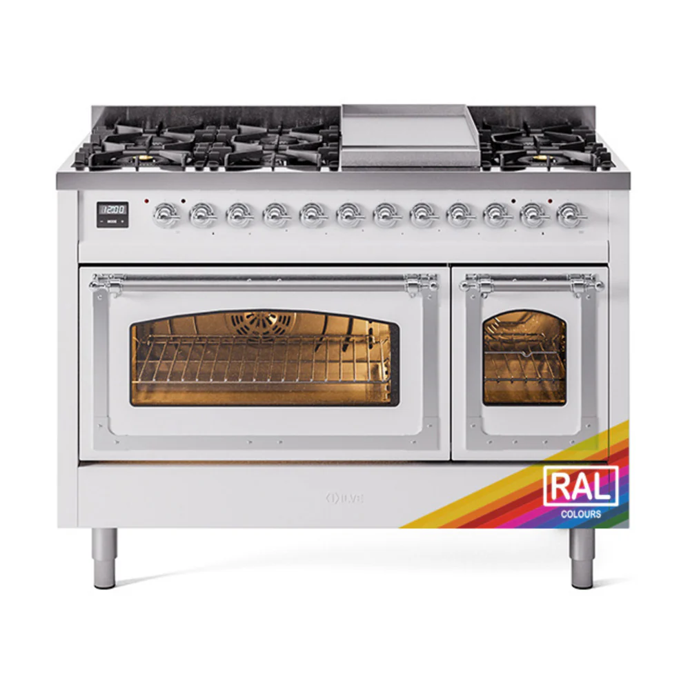 ILVE Nostalgie II Noblesse 48-Inch Dual Fuel Freestanding Range in Custom RAL with Chrome Trim (UN48FNMPRAC)