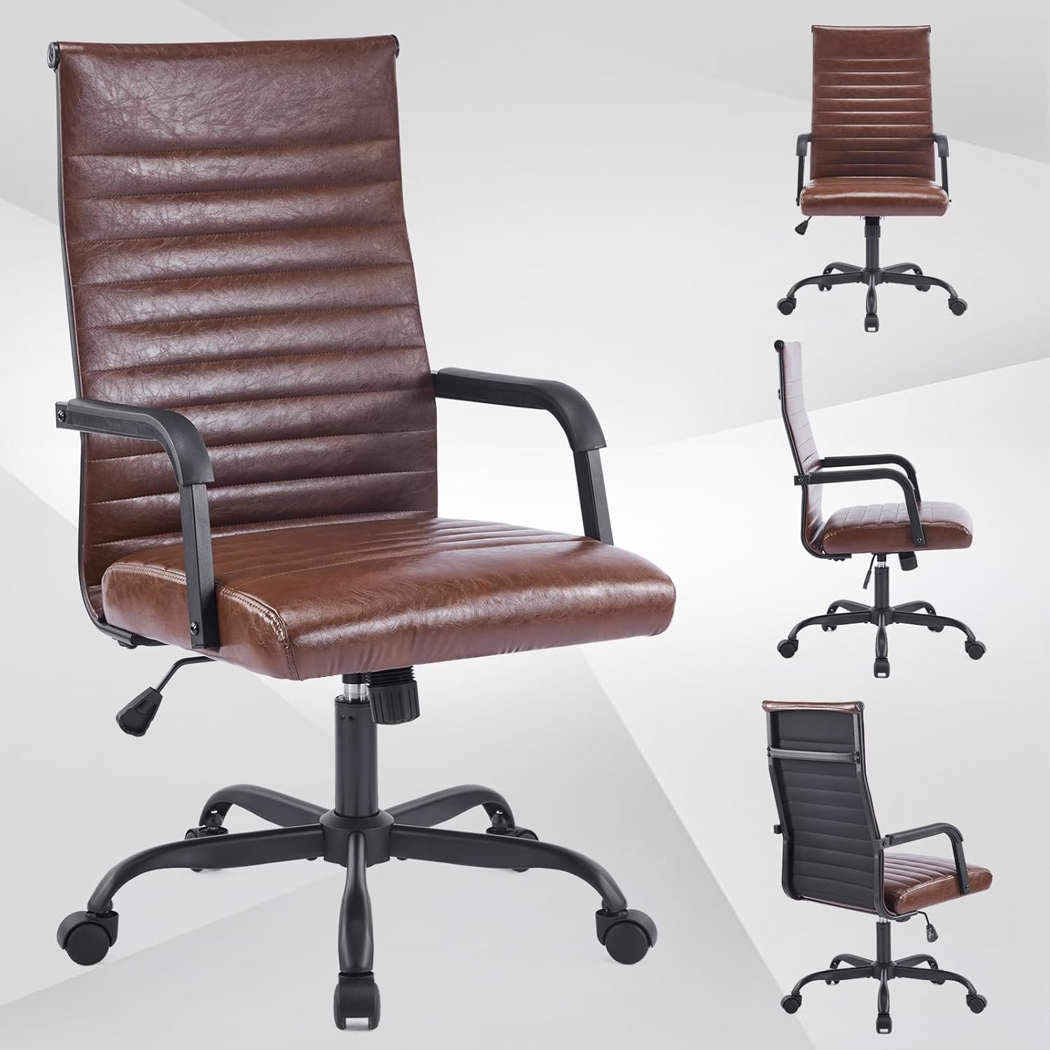 Office Chair, Ergonomic Executive Conference Room Chairs, Ribbed Leather Desk Chair with Lumbar Support, Adjustable Height Mid-Back Swivel Chair with Padded Seat and Square Tube Armrests
