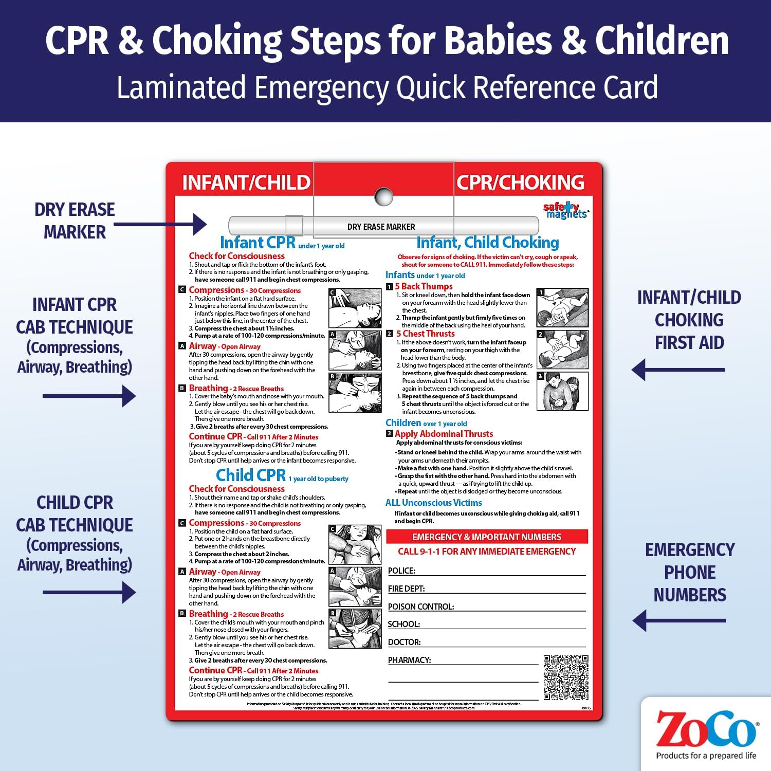Safety Magnets by ZOCO – Infant and Child CPR & Choking Magnet (20-Pack) – Laminated 8.5