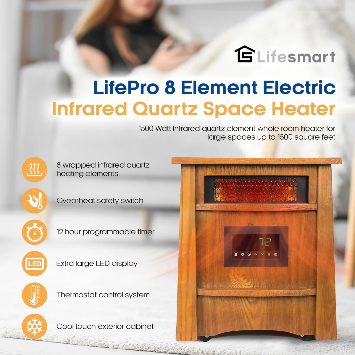 LifeSmart Infrared Heater Wood Cabinet 8 Element