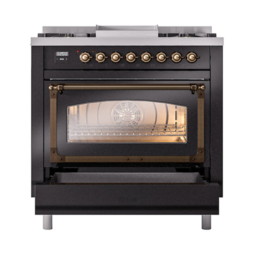ILVE Nostalgie II Noblesse 36-Inch Dual Fuel Range and Triple Glass Door in Glossy Black with Bronze Trim (UN36FNMPBKB)