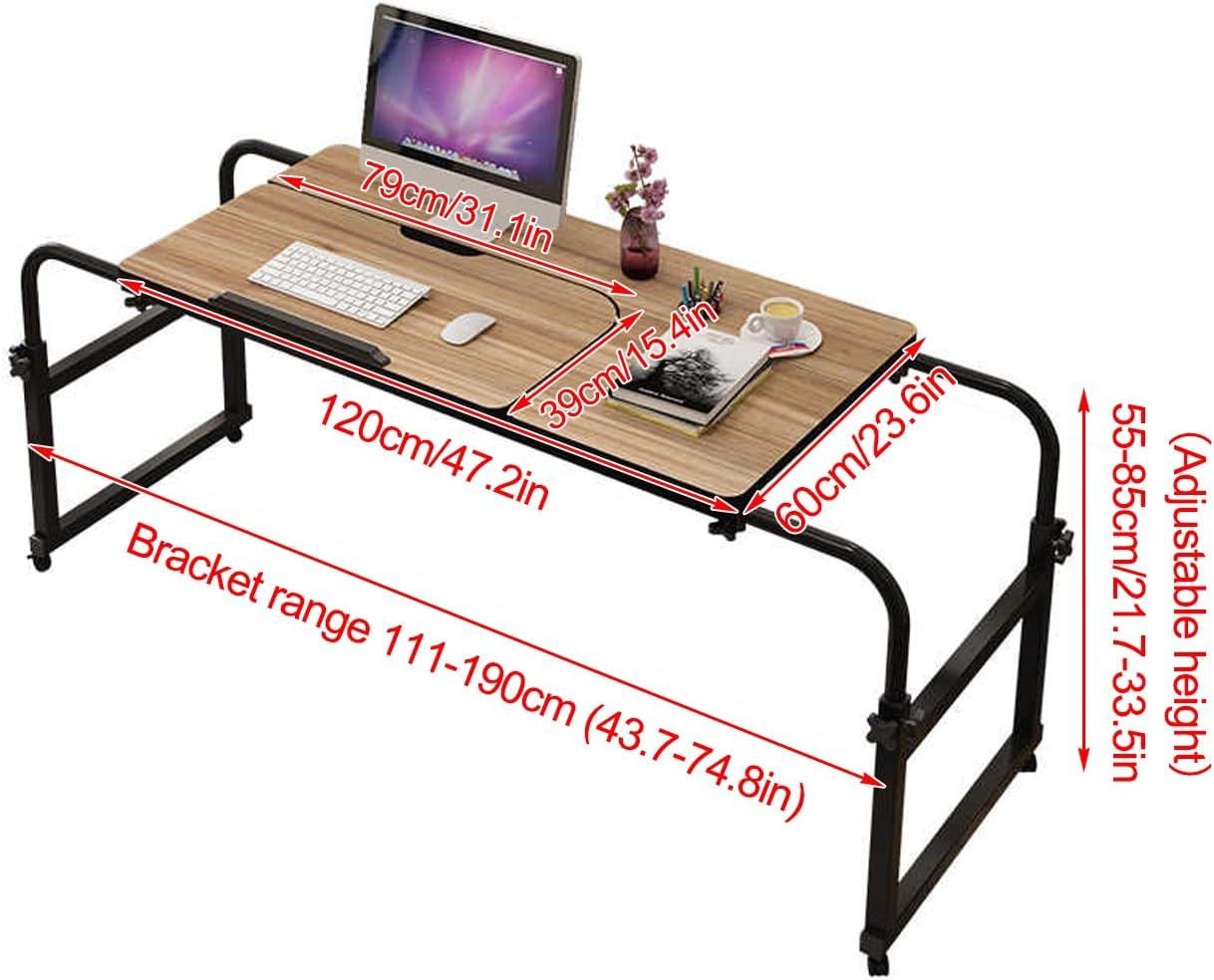 Adjustable Overbed Table with Wheels, Tiltable Tabletop for Laptop and Work, Ideal for Hospital and Home Use