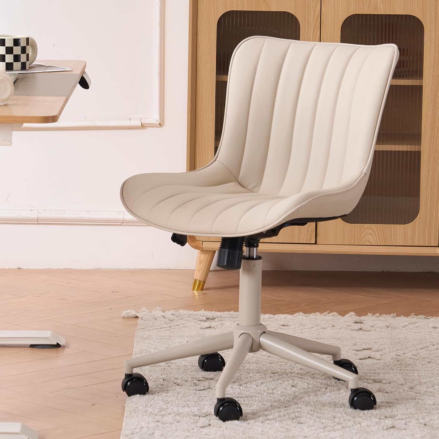 YOUNIKE Cream Home Office Desk Chair with Wheels Armless Compact Comfy Vanity Chair with Adjustable Back Modern Small Leather Upholstered Rolling Swivel Cute Computer Task Sewing Chair No Arms