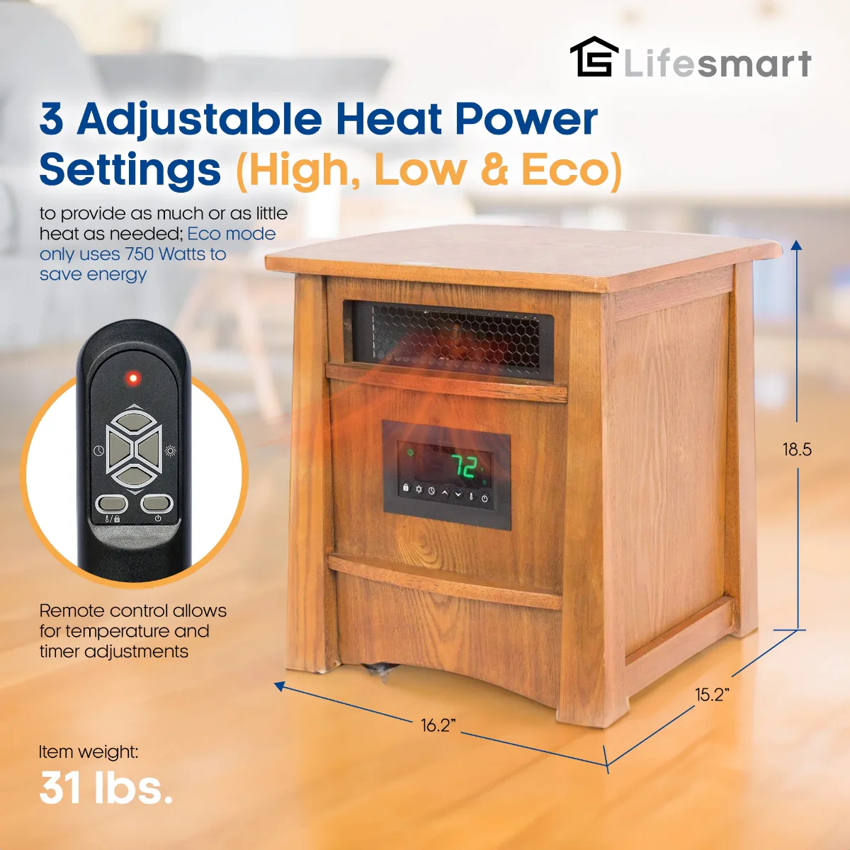 LifeSmart Infrared Heater Wood Cabinet 8 Element
