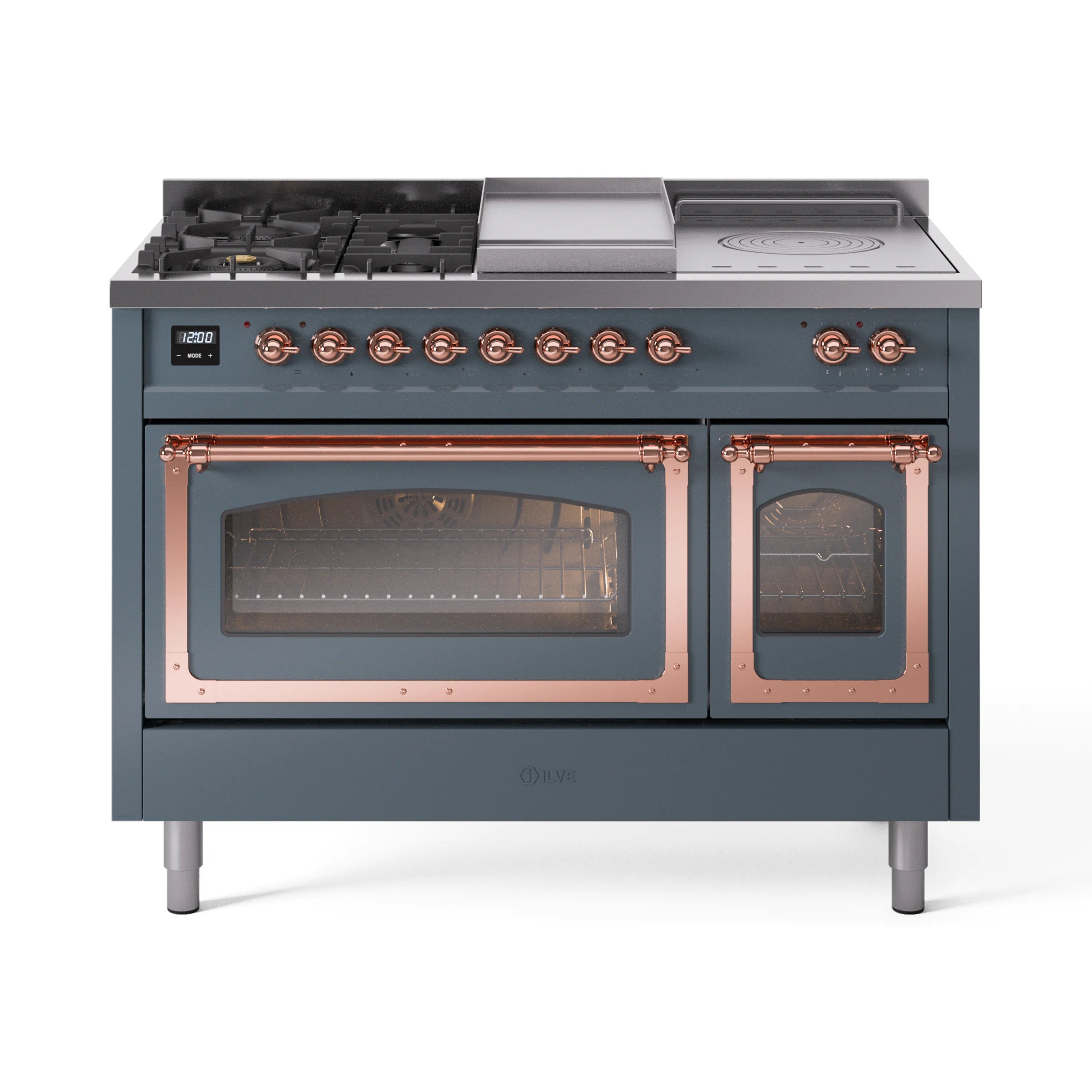 ILVE Nostalgie II Noblesse 48-Inch Dual Fuel Range with 5 Burners, Griddle, & French Top with Triple Glass Door Oven in Blue Grey with Copper Trim (UN48FSNMPBGP)