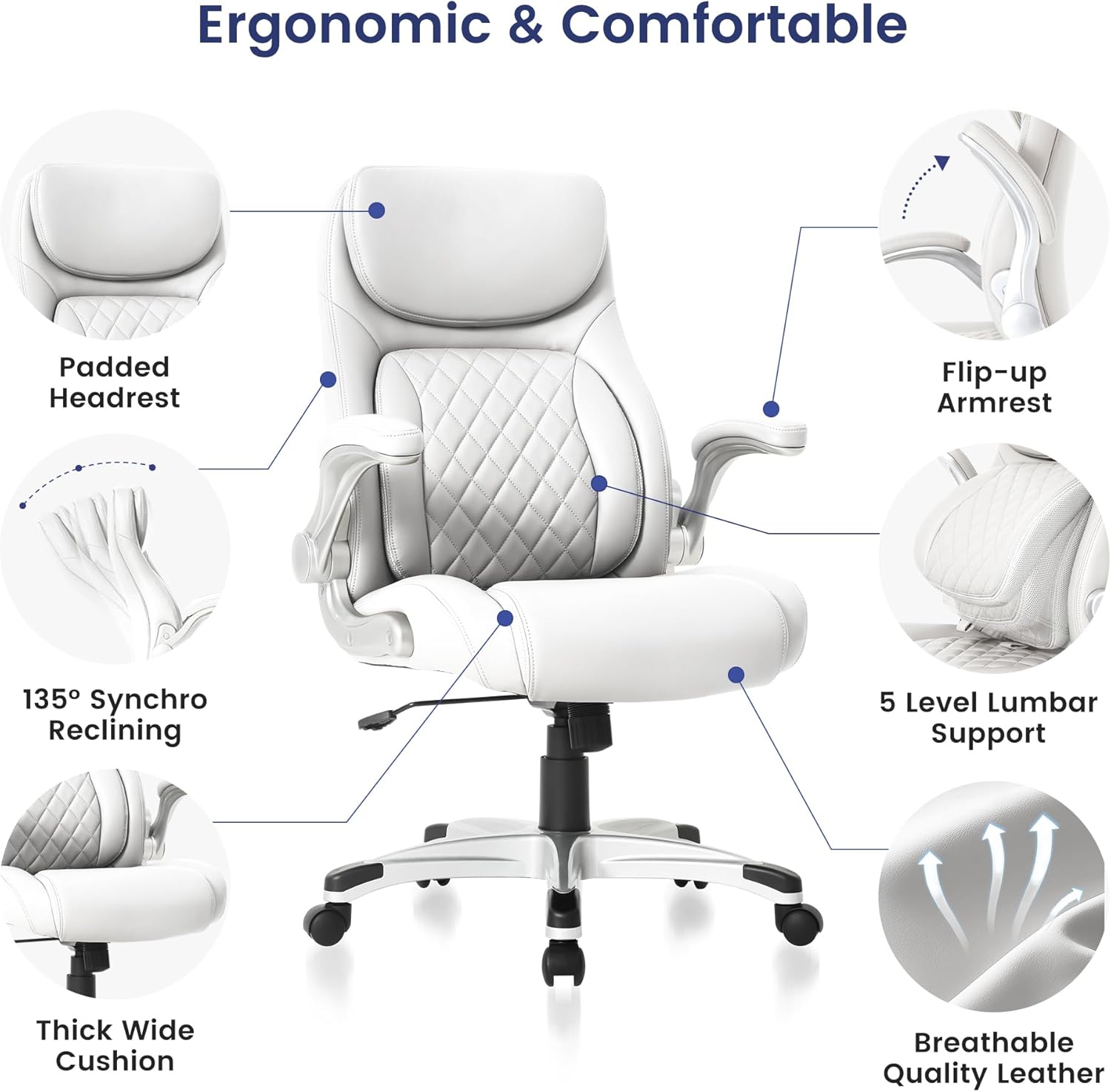 Nouhaus Ergonomic Office Chair Premium Microfiber Leather Adjustable Lumbar Support & Armrests, High Back Comfy Desk Gaming Chairs Executive Computer Swivel Chair Tilt Function(Posture,White)