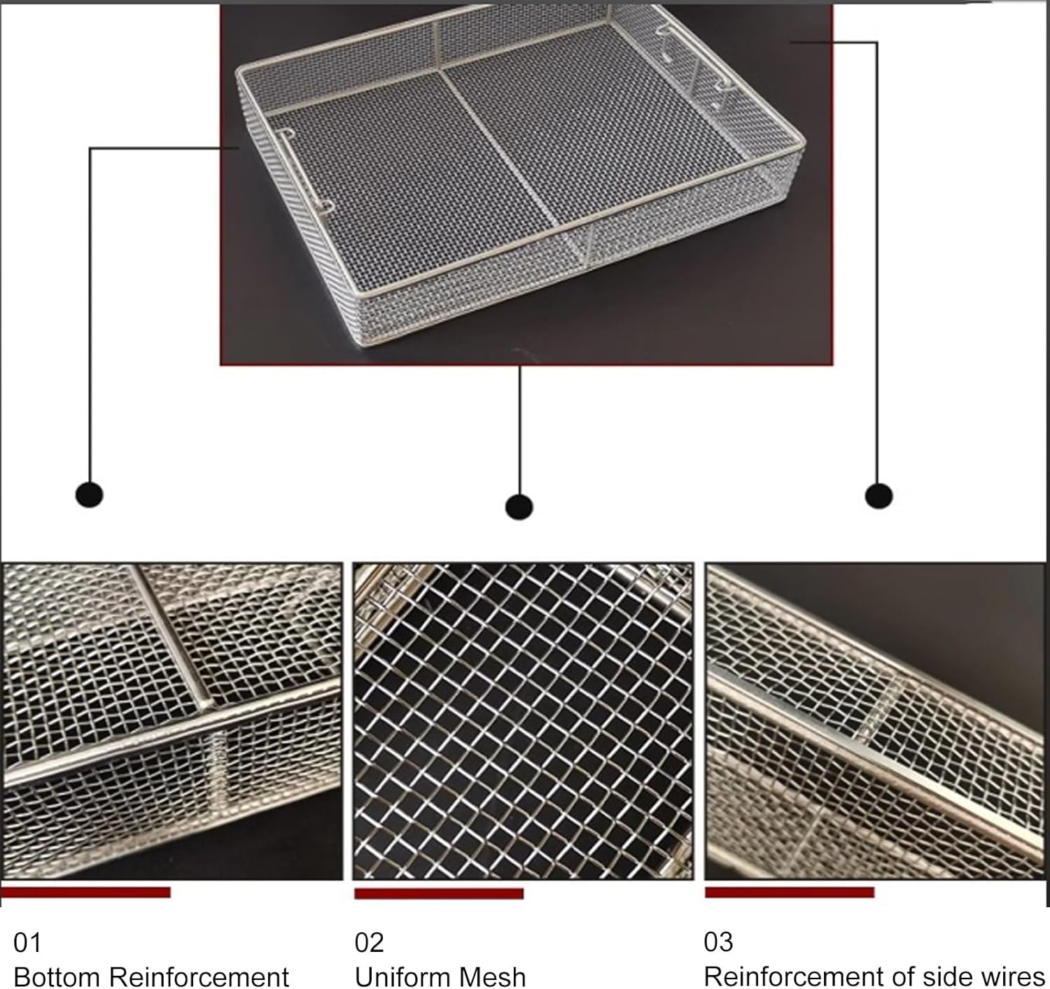 304 Stainless Steel Sterilization Basket Supply Room Instruments, Small Metal Tray, Ultrasonic Cleaning Basket, Dental Trays, Mesh 0.16in,Stainless Steel Tray(15.7in*11.8in*9.8in)