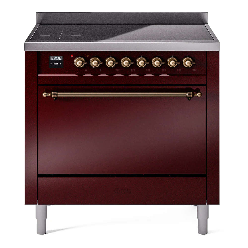 ILVE 36-Inch Nostalgie II Induction Range with Solid Door Oven in Burgundy with Bronze Trim (UPI366QNMPBUB)