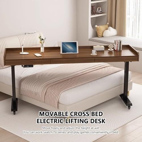 Mobile Electric Adjustable Height Bed Desk with Drawer, Rolling Overbed Table Wheels, Hospital & Home Use, Laptop for Bedroom(Brown White,180cm)