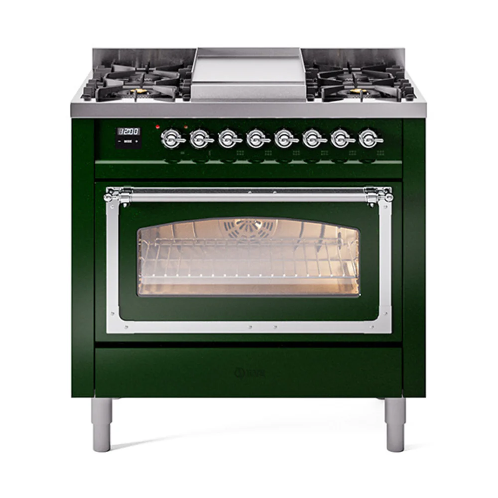 ILVE Nostalgie II Noblesse 36-Inch Dual Fuel Range and Triple Glass Door in Emerald Green with Chrome Trim (UN36FNMPEGC)