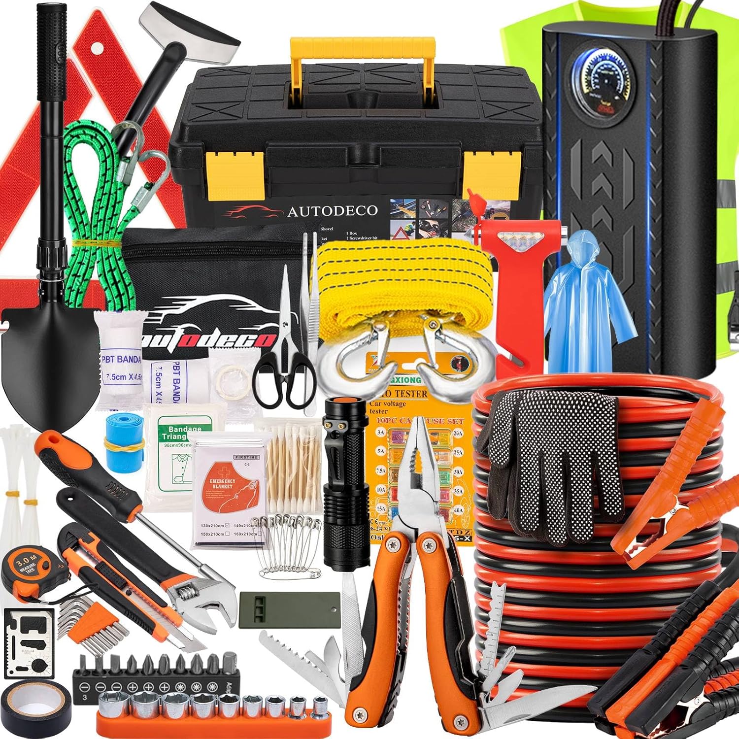 AUTODECO 98 PCS Roadside Car Emergency Assistance Kit with Portable Air Compressor Jumper Cables Safety Hammer All in One Pliers Tool Set（Orange）