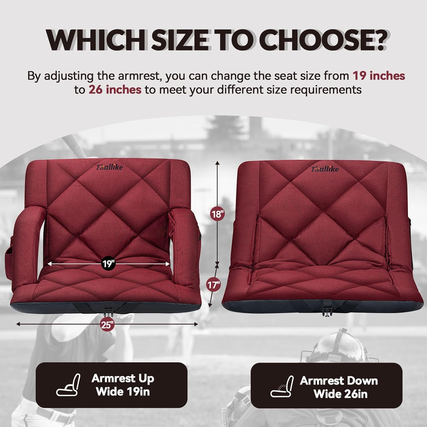 25inch Extra Wide Stadium Seat, Thick Bleacher Chair with Back Support and Cushion, 6 Reclining Positions Bleacher Seat with Armrest, Upgrade Sofa Style Stadium Chair for Sport Events and Outdoors