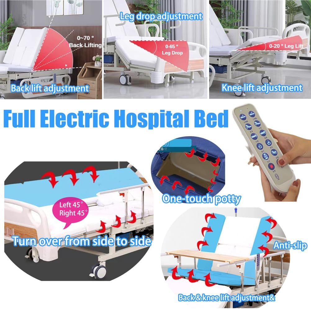 Premium 10 Function Full Electric Hospital Bed, with Lateral Tilting Electric Medical Bed for Home and Hospital, with Mattress Rails Locking Casters 530LB Loading