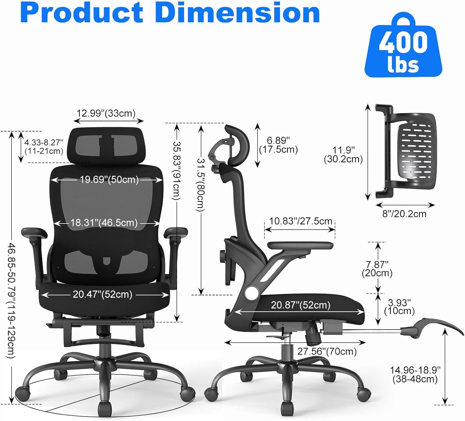 ZZH Ergonomic Office Chair with Footrest, High Back Home Desk Chair with Adjustable Lumbar Support, Headrest, Flip-Up Arms, 90-135° Tilt Lock, Big and Tall Mesh Computer Seating with Wheels