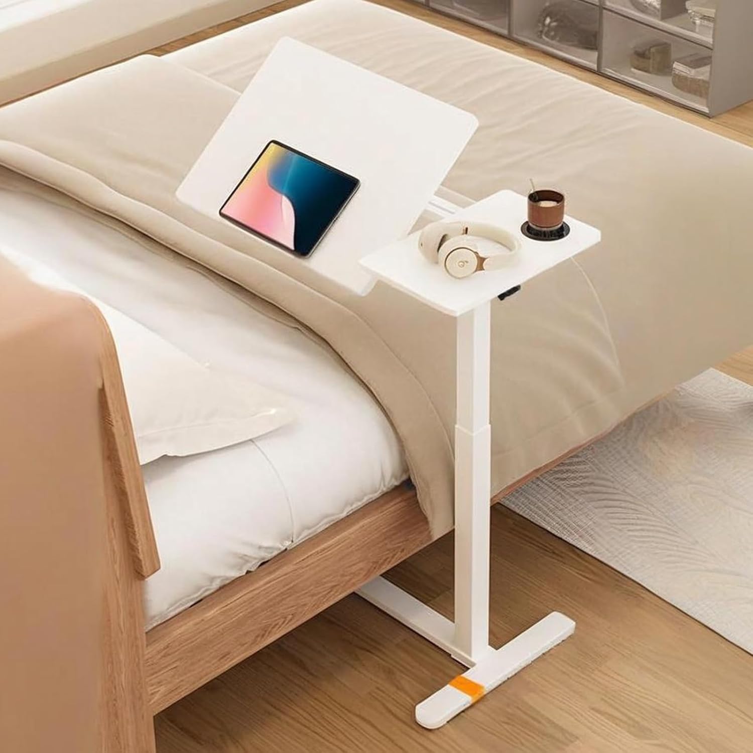 Portable Rolling Desk, Mobile Small Standing Desk, Overbed Table with Swivel Hidden Wheels Adjustable Height, Computer Cart for Hospital and Home Use(White)