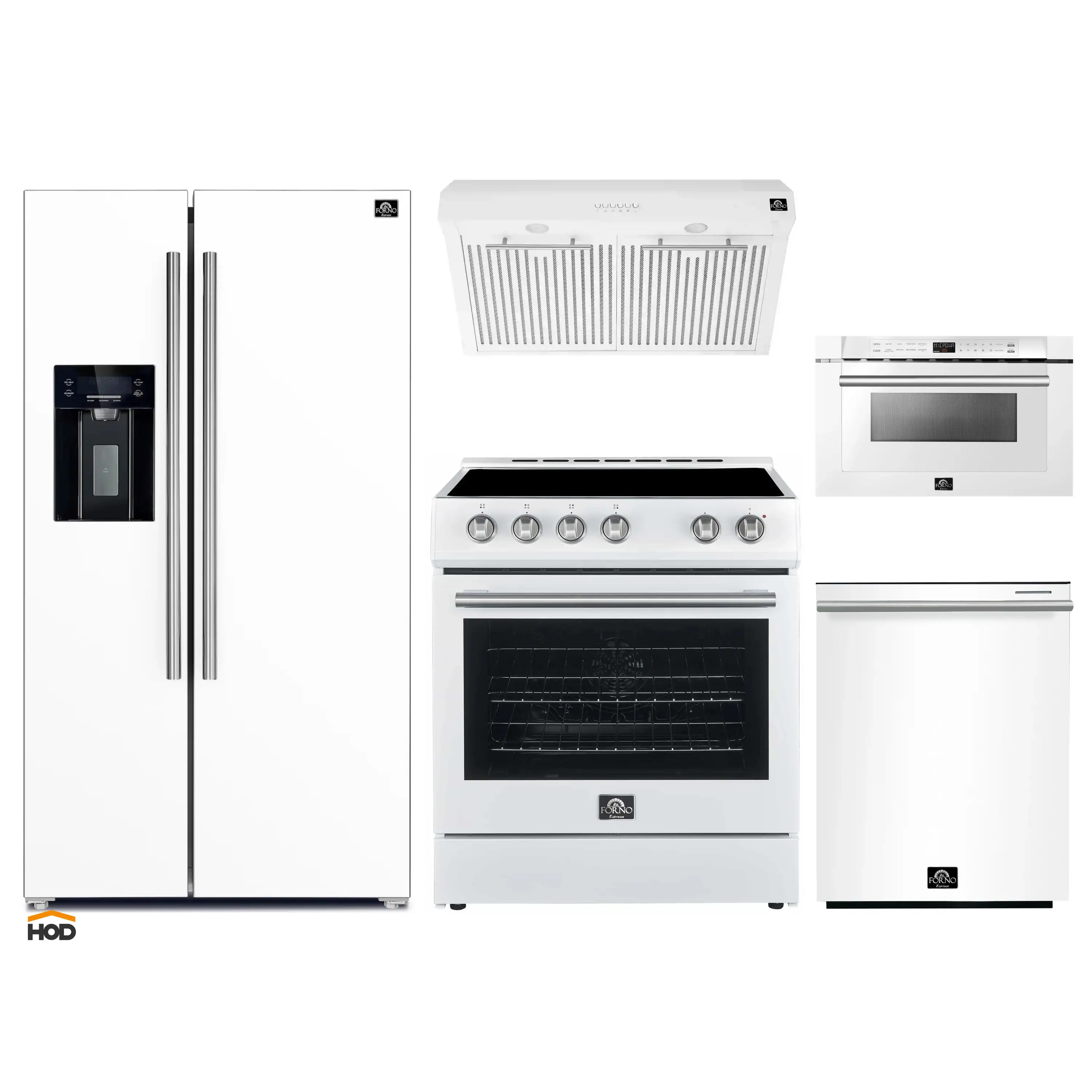 Forno 5-Piece Appliance Package - 30-Inch Electric Range, Under Cabinet Range Hood, Refrigerator with Water Dispenser, Dishwasher, and  Microwave Drawer in White with Stainless Steel Trim