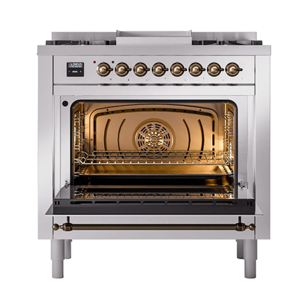 ILVE 36-Inch Nostalgie II Dual Fuel Range with 6 Burners and Solid Door Oven in Stainless Steel with Bronze Trim (UP36FQNMPSSB)