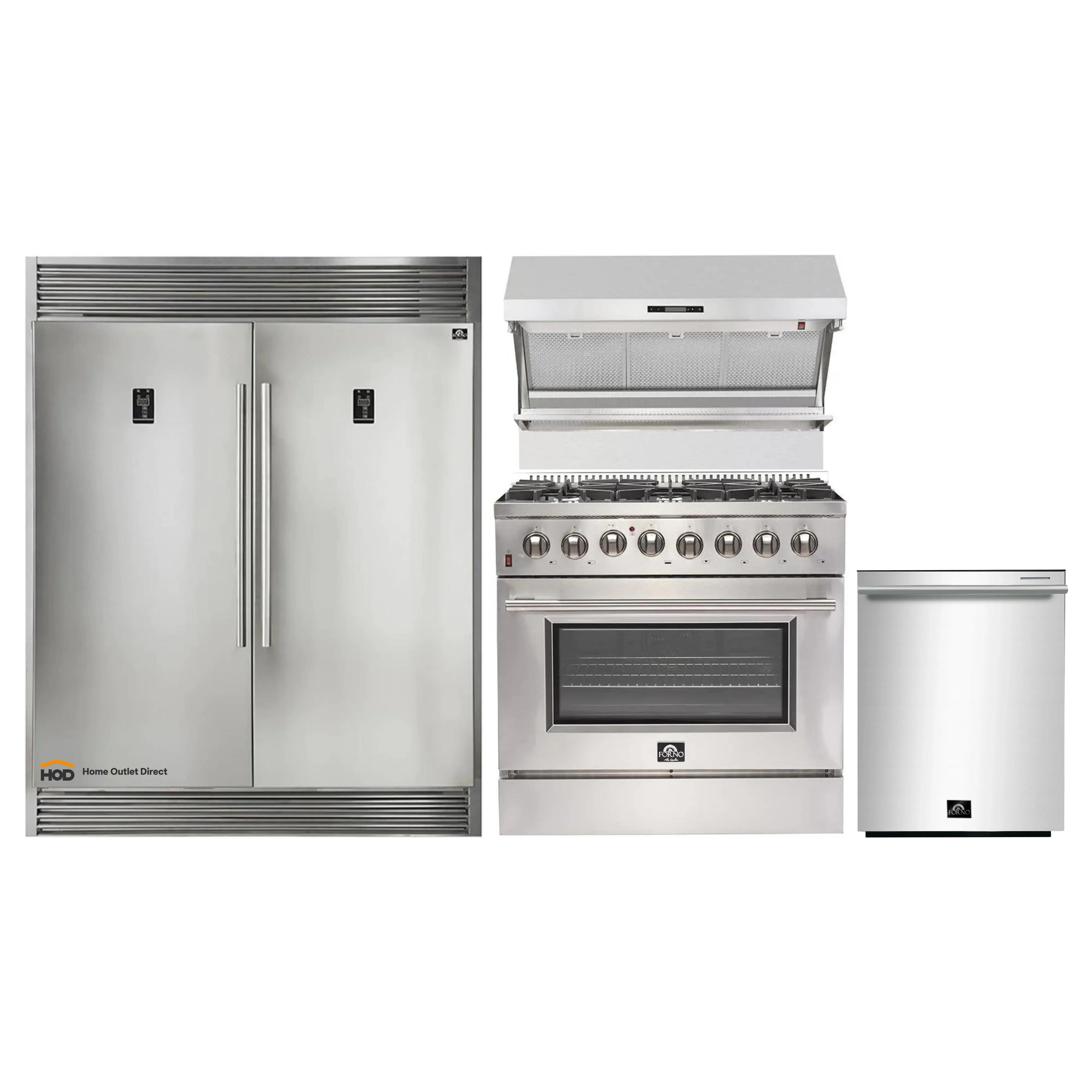 Forno 4-Piece Appliance Package - 36-Inch Dual Fuel Range, 60-Inch Pro-Style Refrigerator, Wall Mount Hood with Backsplash, & 3-Rack Dishwasher in Stainless Steel