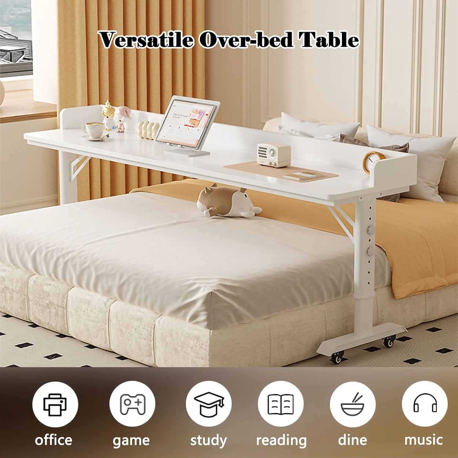 Over Bed Table with Wheels & Adjustable Height - Heavy Duty Metal Legs & Solid Wood Top Standing Laptop Cart, Rolling Overbed Desk for Hospital & Home Use(with Baffle-D,100cm/39.4in)