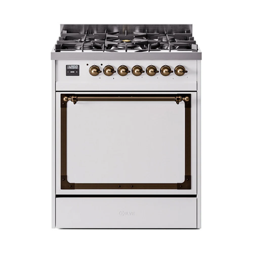ILVE Nostalgie II Noblesse 30-Inch Dual Fuel Range with Solid Door in White with Bronze Trim (UN30QNMPWHB)
