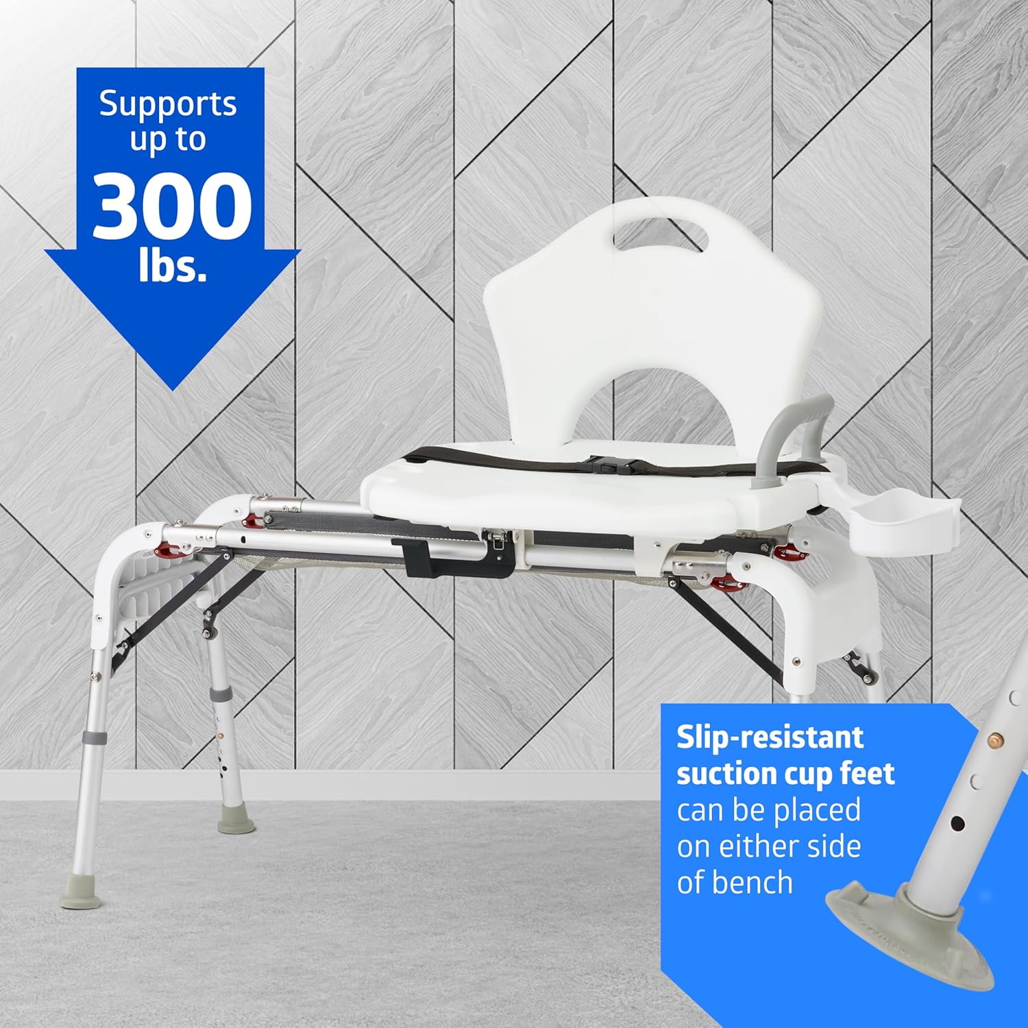 Medline Transfer Bench with Slide Seat, Slip Resistant Feet for Stability, Side Arm for Leverage and Support, Tub Transfer Bench for Elderly and Disabled - 300 lb Weight Capacity