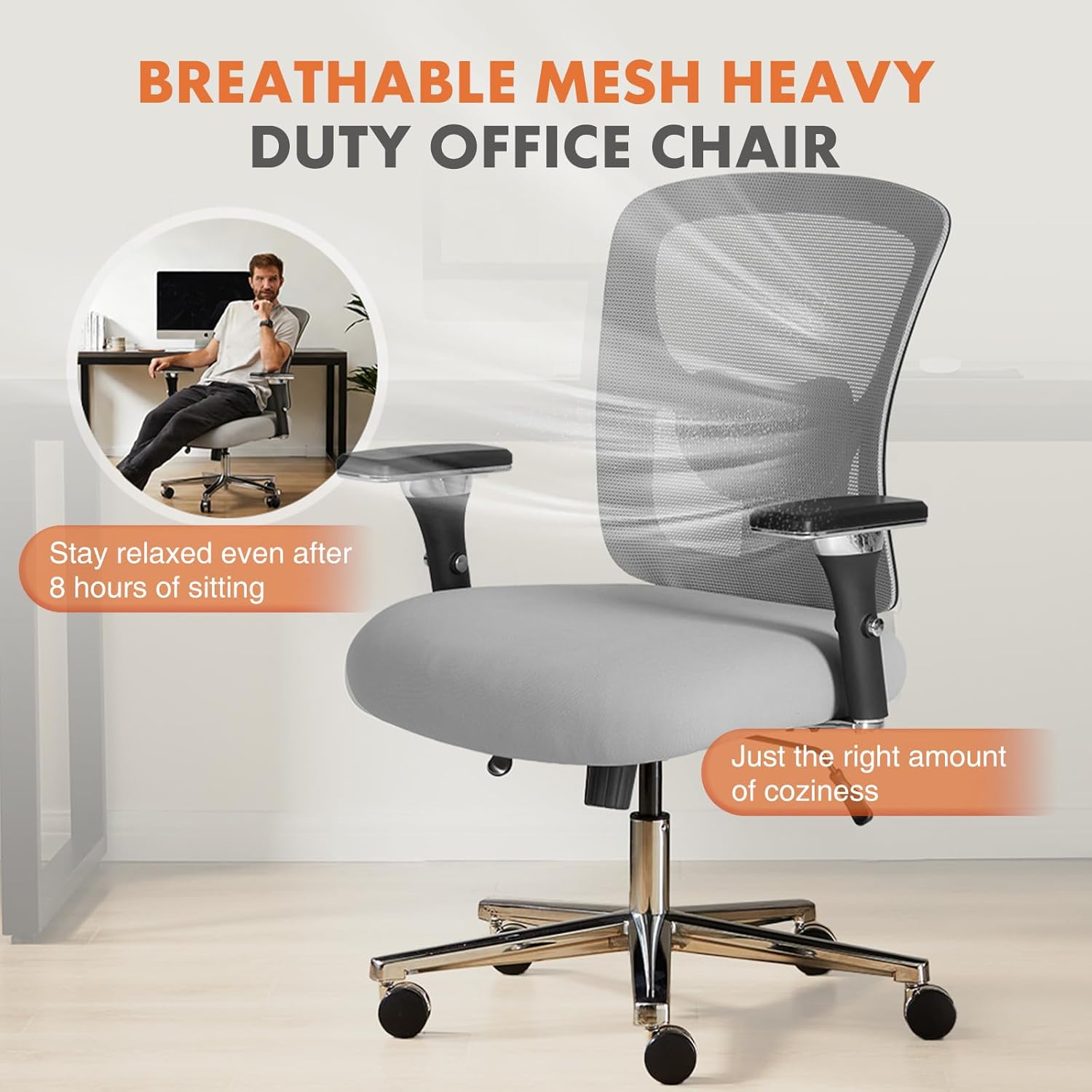 Sweetcrispy Big and Tall Office Desk Chair with Lumbar Support, 500lbs Heavy Duty Mesh Ergonomic Computer Chair with 4D Armrest and Wide Comfy Seat, Wheels for Adult