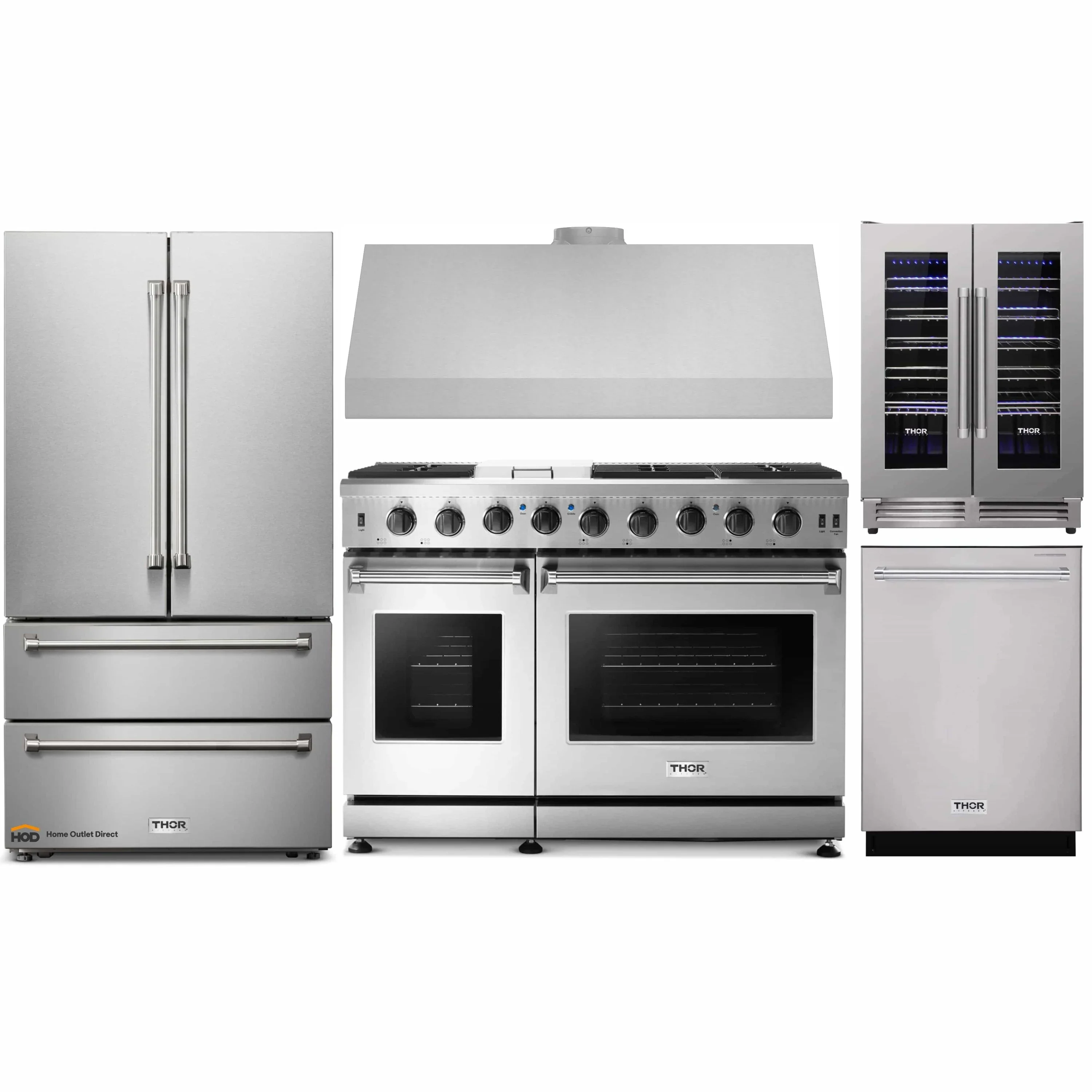 Thor Kitchen 5-Piece Appliance Package - 48-Inch Gas Range, French Door Refrigerator, Dishwasher, Under Cabinet 11-Inch Hood & Wine Cooler in Stainless Steel
