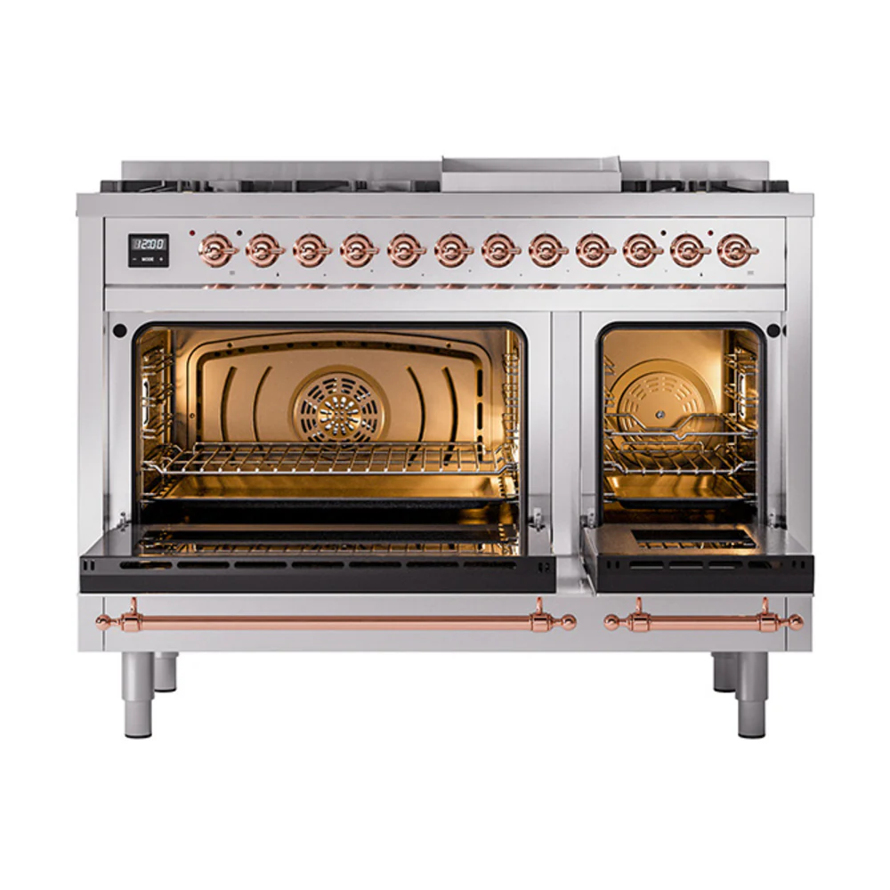ILVE 48-Inch Nostalgie II Dual Fuel Range with 8 Burners, Griddle, and Solid Door Oven in Stainless Steel with Copper Trim (UP48FQNMPSSP)