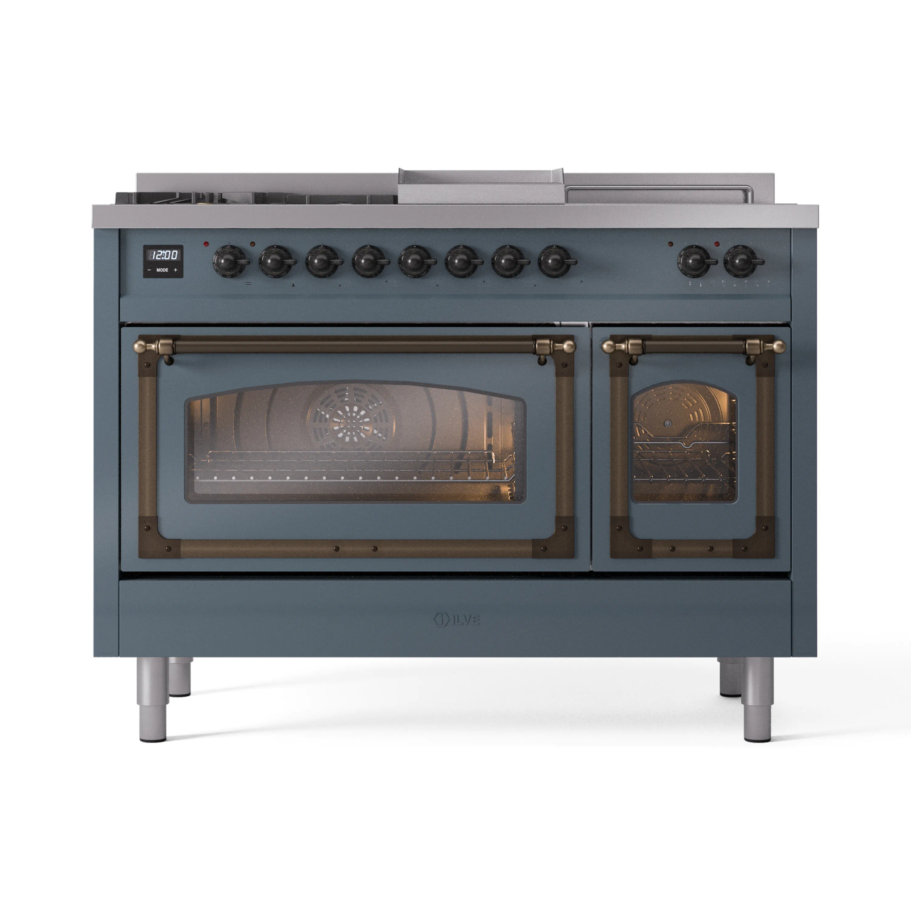 ILVE Nostalgie II Noblesse 48-Inch Dual Fuel Range with 5 Burners, Griddle, & French Top with Triple Glass Door Oven in Blue Grey with Bronze Trim (UN48FSNMPBGB)