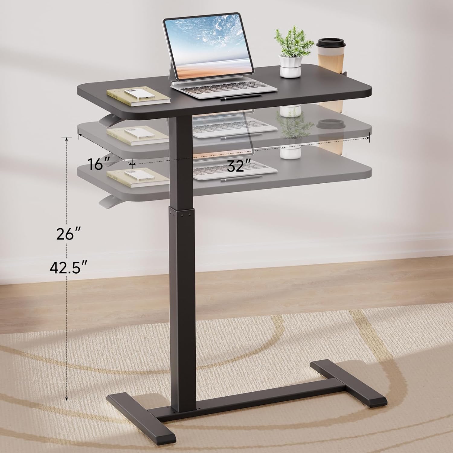 COMHOMA Adjustable Overbed Bedside Table with Wheels, Pneumatic Mobile Rolling Laptop Desk, Height Adjustable Standing Desk Bed Table for Hospital and Home Use (32