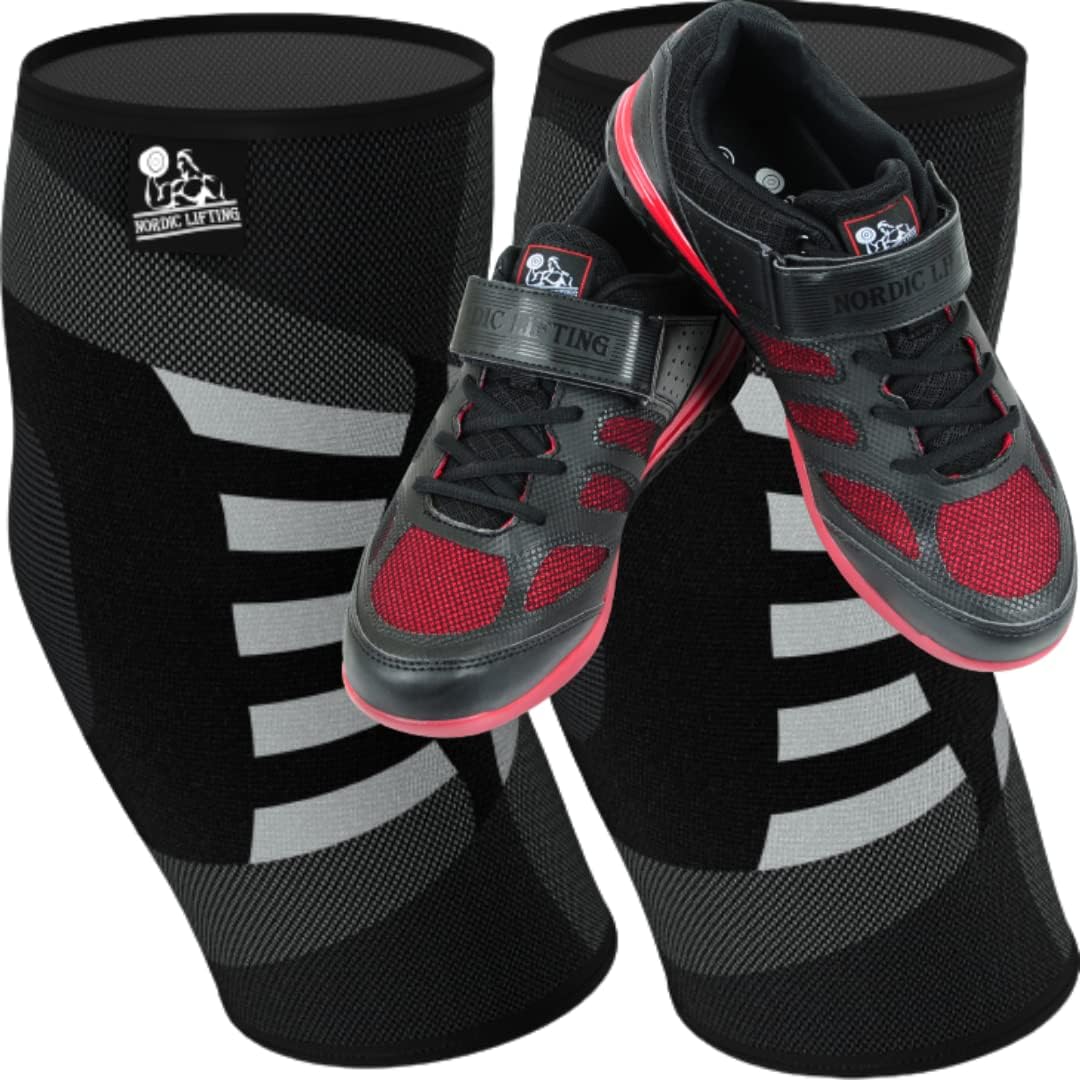 Nordic Lifting Elbow Compression Sleeves Large Bundle with Shoes Venja Size 11.5 - Black Red