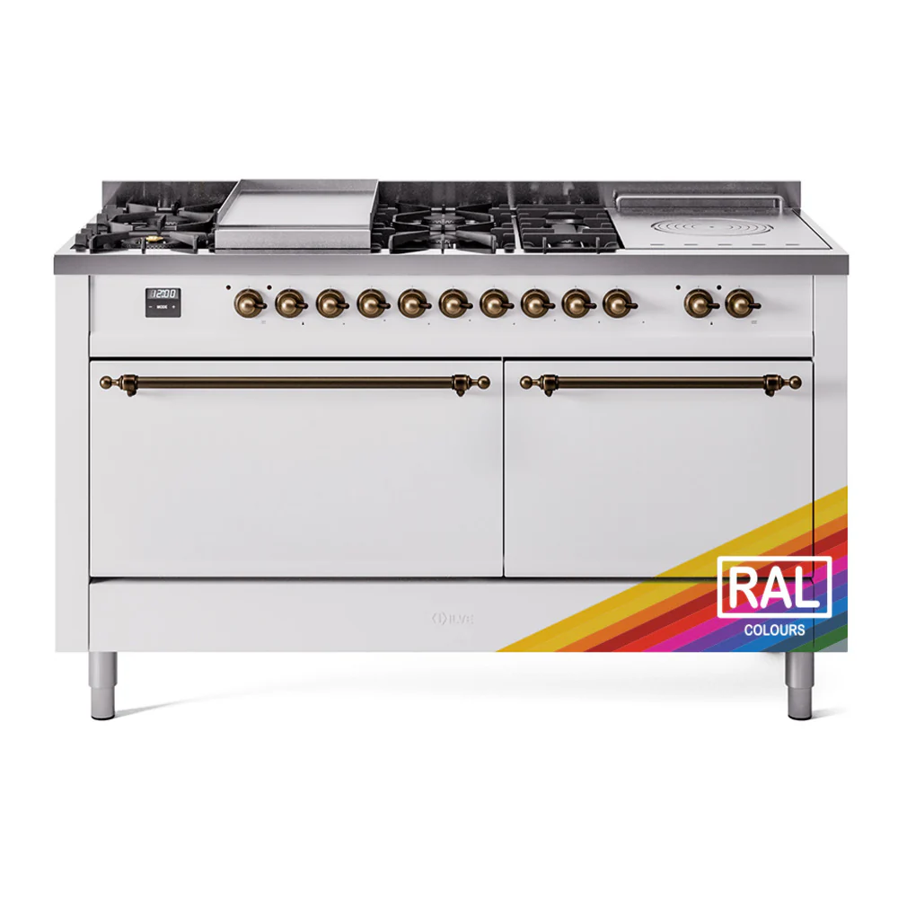 ILVE Nostalgie II 60-Inch Dual Fuel Range with 7 Burners, Griddle, & French Top with Solid Door Oven in Custom RAL with Bronze Trim (UP60FSQNMPRAB)