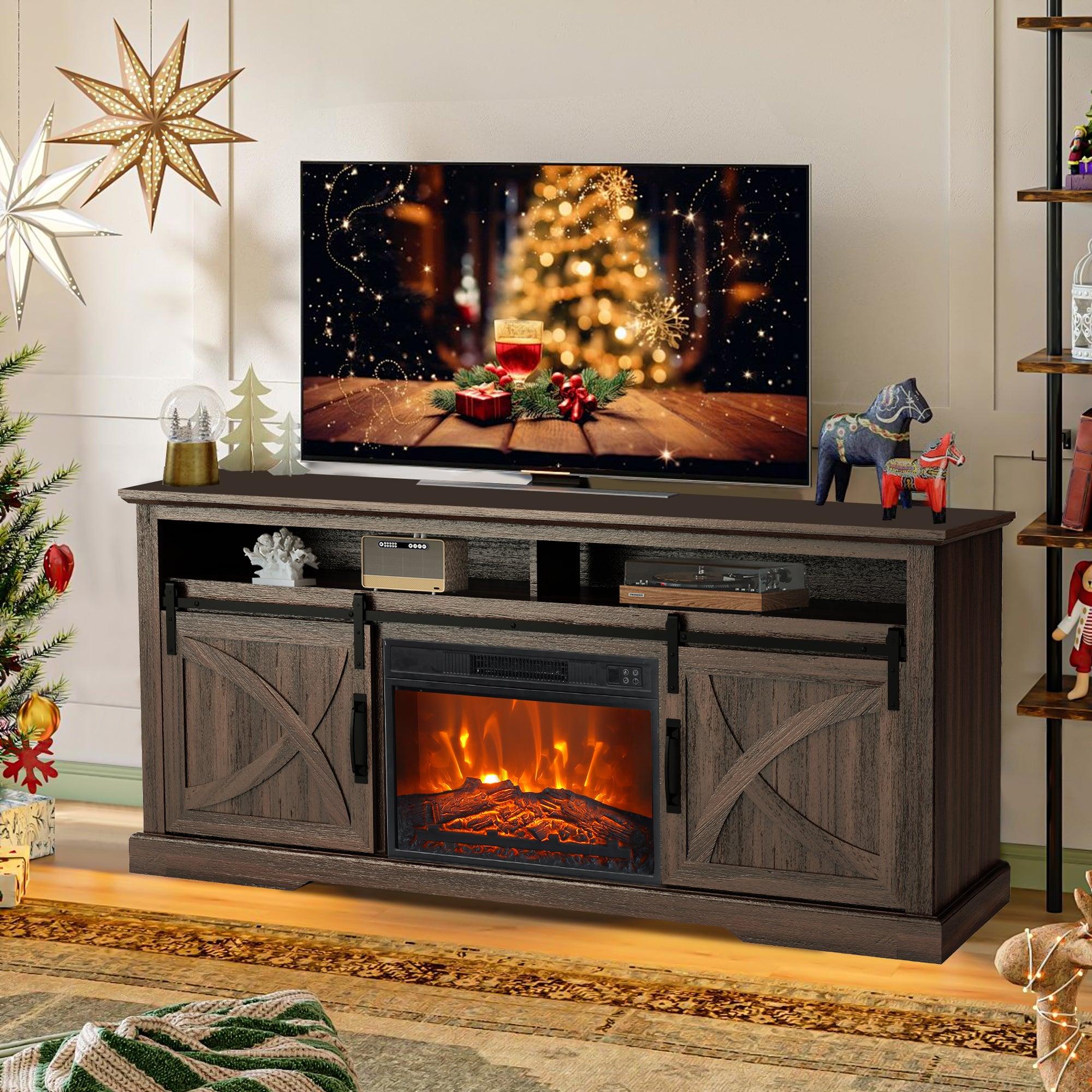 Parrot Uncle 68-Inch Farmhouse TV Stand with 23-Inch Insert Opening Electric Fireplace