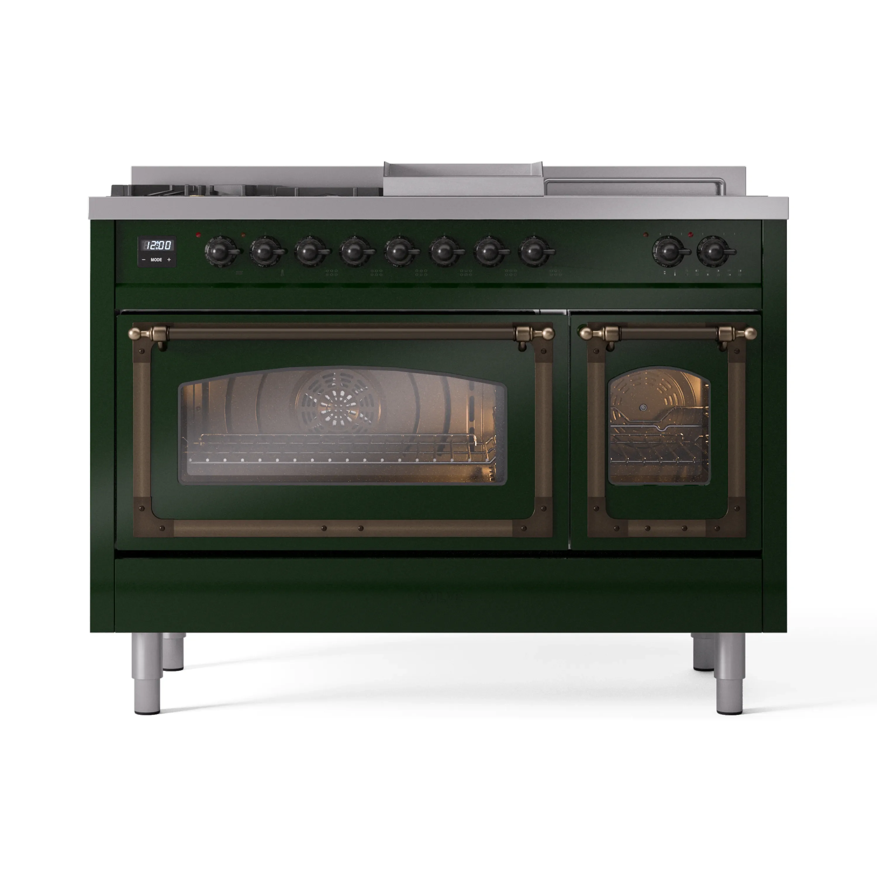 ILVE Nostalgie II Noblesse 48-Inch Dual Fuel Range with 5 Burners, Griddle, & French Top with Triple Glass Door Oven in Emerald Green with Bronze Trim (UN48FSNMPEGB)