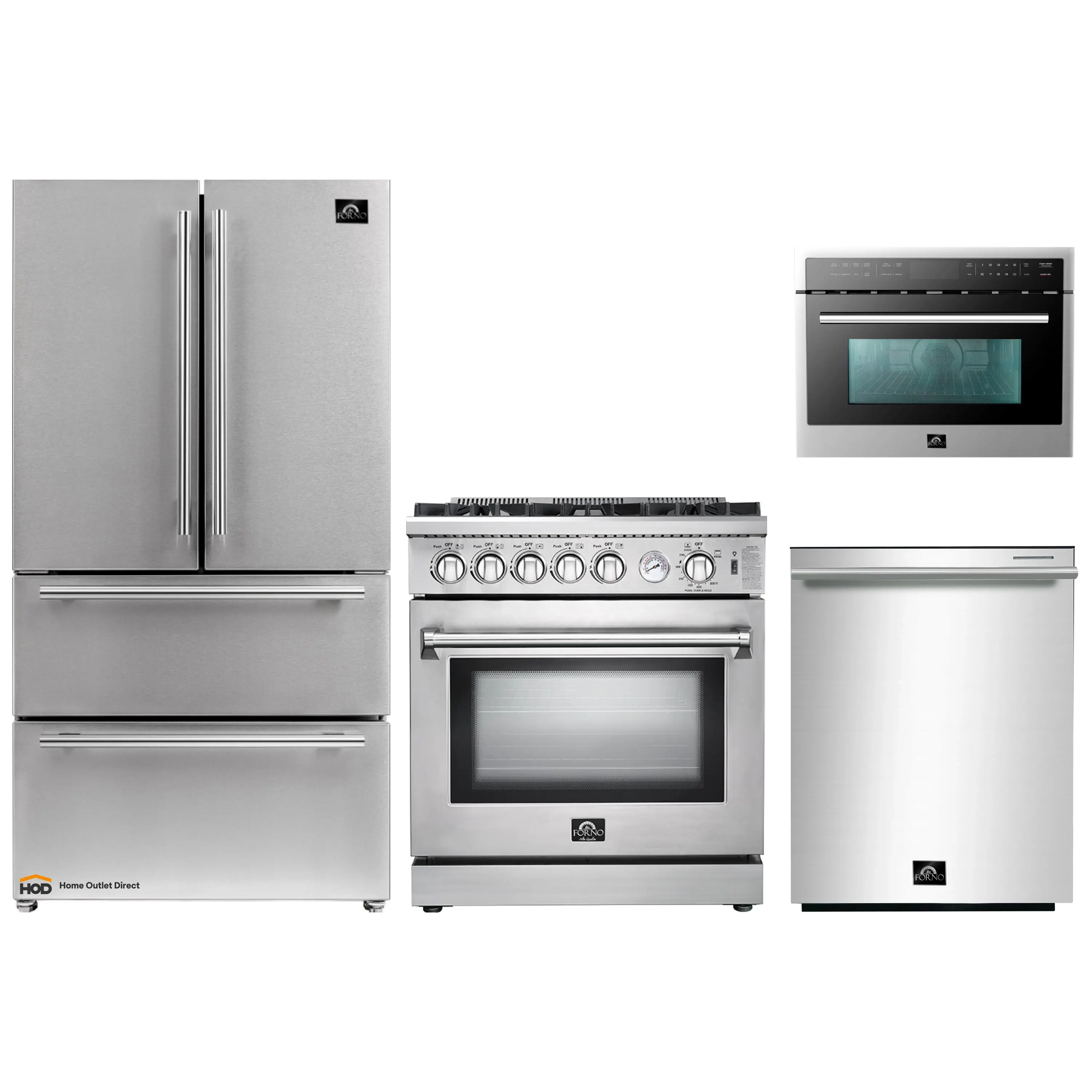 Forno 4-Piece Appliance Package - 30-Inch Gas Range, Refrigerator, Microwave Oven, & 3-Rack Dishwasher in Stainless Steel