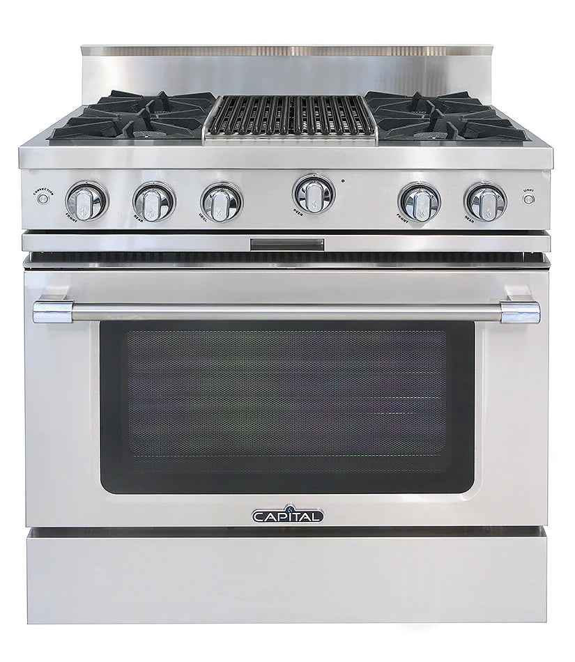Capital 36-Inch Classic Chef Gas Range in Stainless Steel with 4 Open Burners & Grill (MCOR362B2)