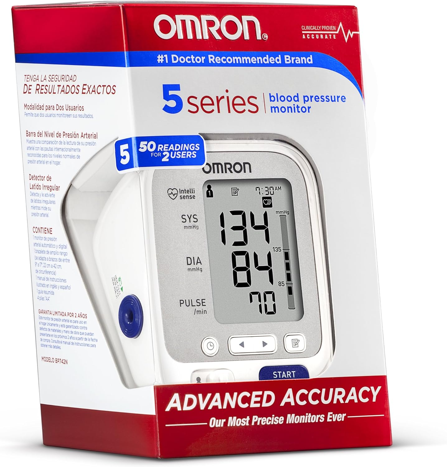 Omron 5 Series Upper Arm Blood Pressure Monitor; 2-User, 100-Reading Memory, Soft Wide-Range Cuff, #1 Dr. Recommended by Omron, White, Large