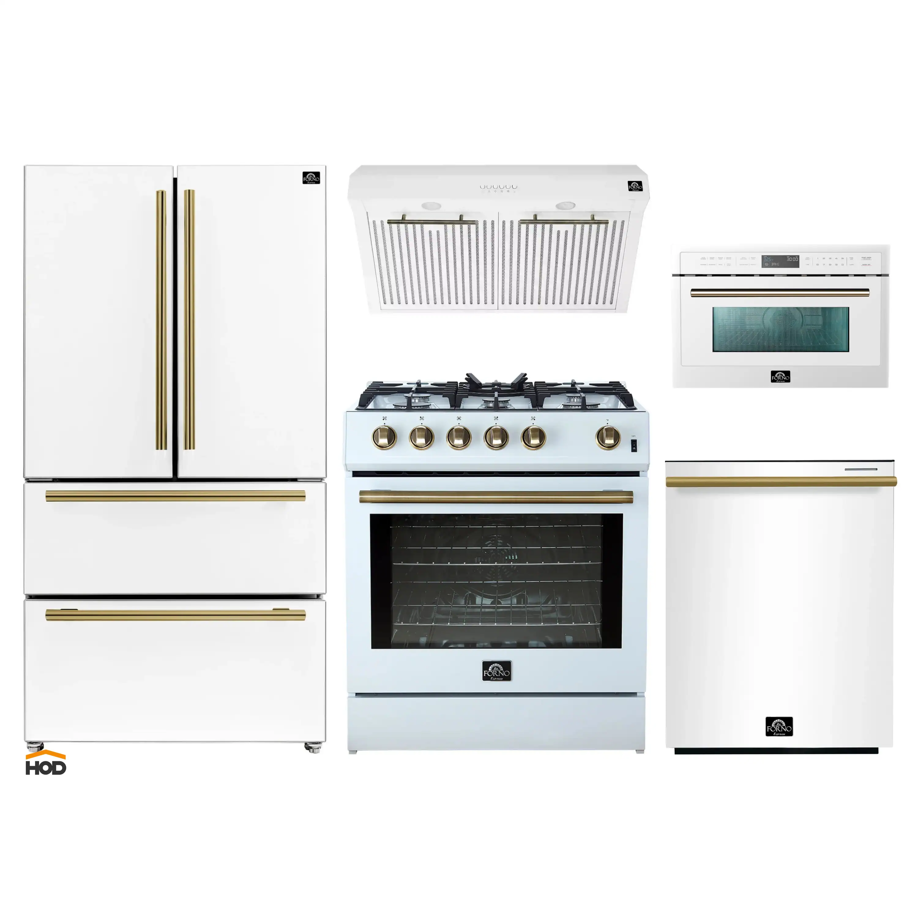 Forno 5-Piece Appliance Package - 30-Inch Gas Range, Under Cabinet Range Hood, Refrigerator, Dishwasher, and 30-Inch Microwave Oven in White with Antique Brass Trim