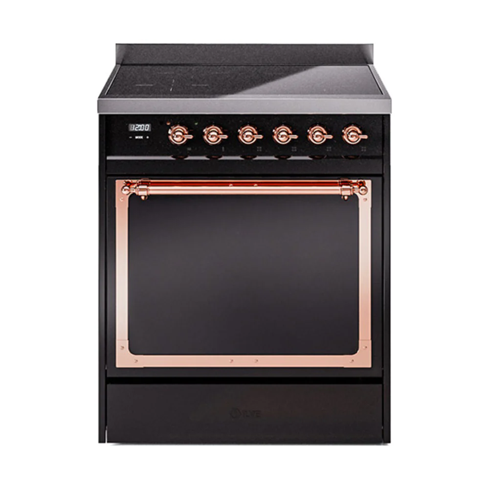 ILVE 30-Inch Nostalgie II Noblesse Induction Range with Solid Door Oven in Glossy Black with Copper Trim (UNI304QNMPBKP)
