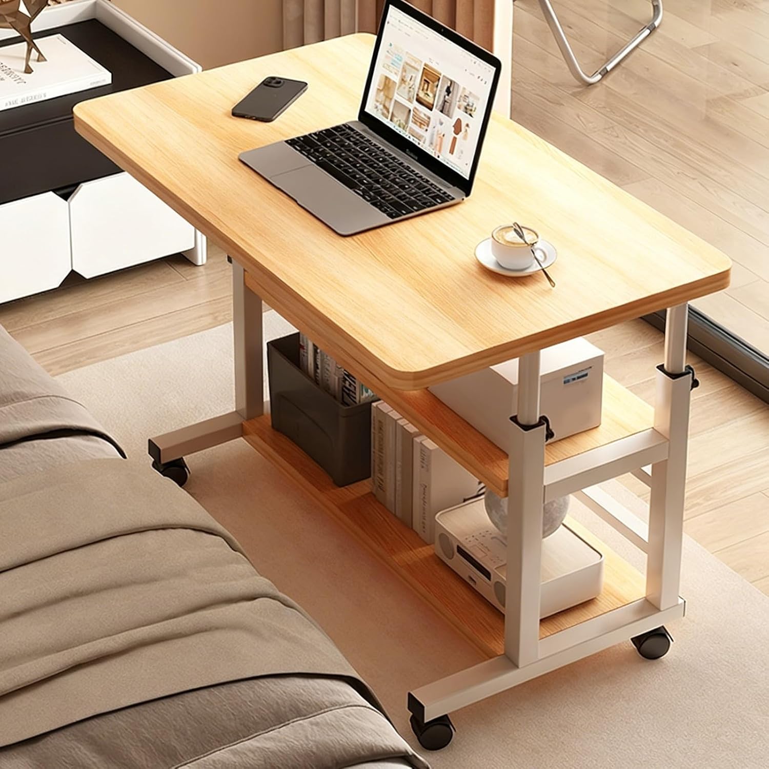 Medical Overbed Bedside Table with Two Shelves and Wheels (Hospital and Home Use), Height Adjustable Bed Table, Small Computer Cart for Couch, Office(Wood Color,60 * 40cm/24 * 16in)