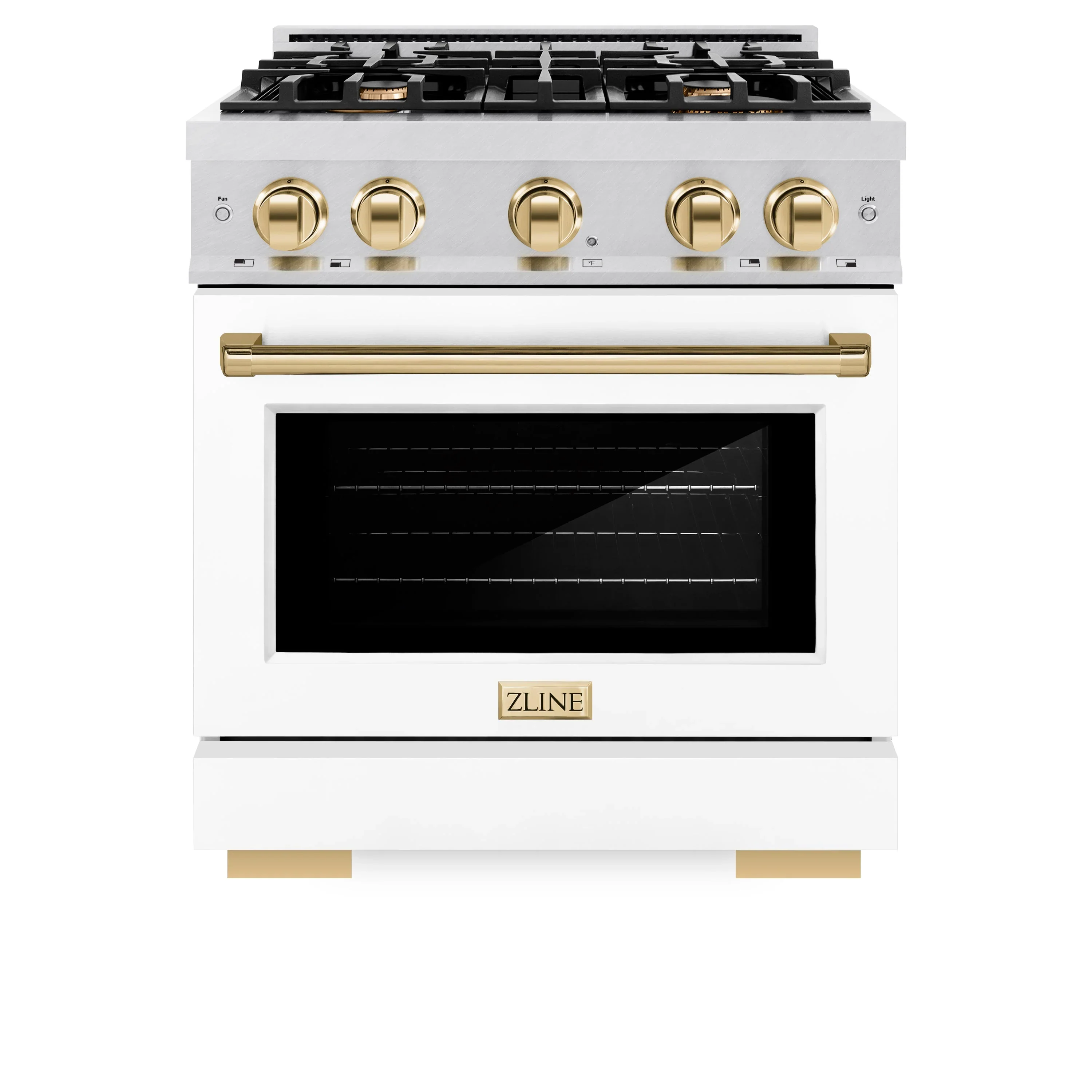 ZLINE Autograph Edition 30-Inch Select Series Dual Fuel Range with 4 Gas Burner Cooktop and 4.2 Cu. Ft. Electric Convection Oven in Satin Stainless Steel with White Matte Door and Polished Gold Accents (HDRSZ-WM-30-G)