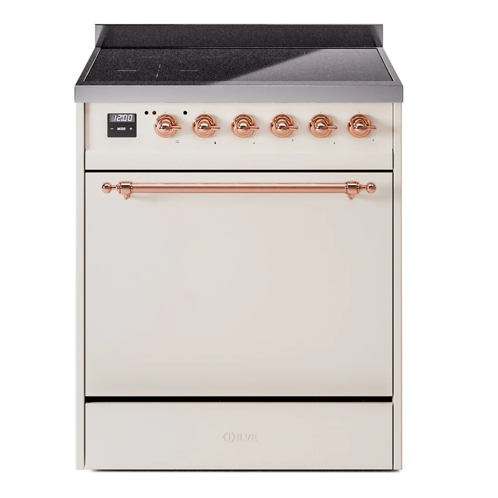 ILVE 30-Inch Nostalgie II Induction Range with Solid Door Oven in Antique White with Copper Trim (UPI304QNMPAWP)