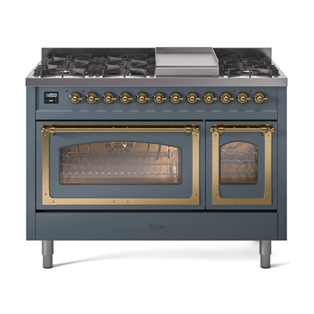 ILVE Nostalgie II Noblesse 48-Inch Dual Fuel Freestanding Range in Blue Grey with Brass Trim (UN48FNMPBGG)