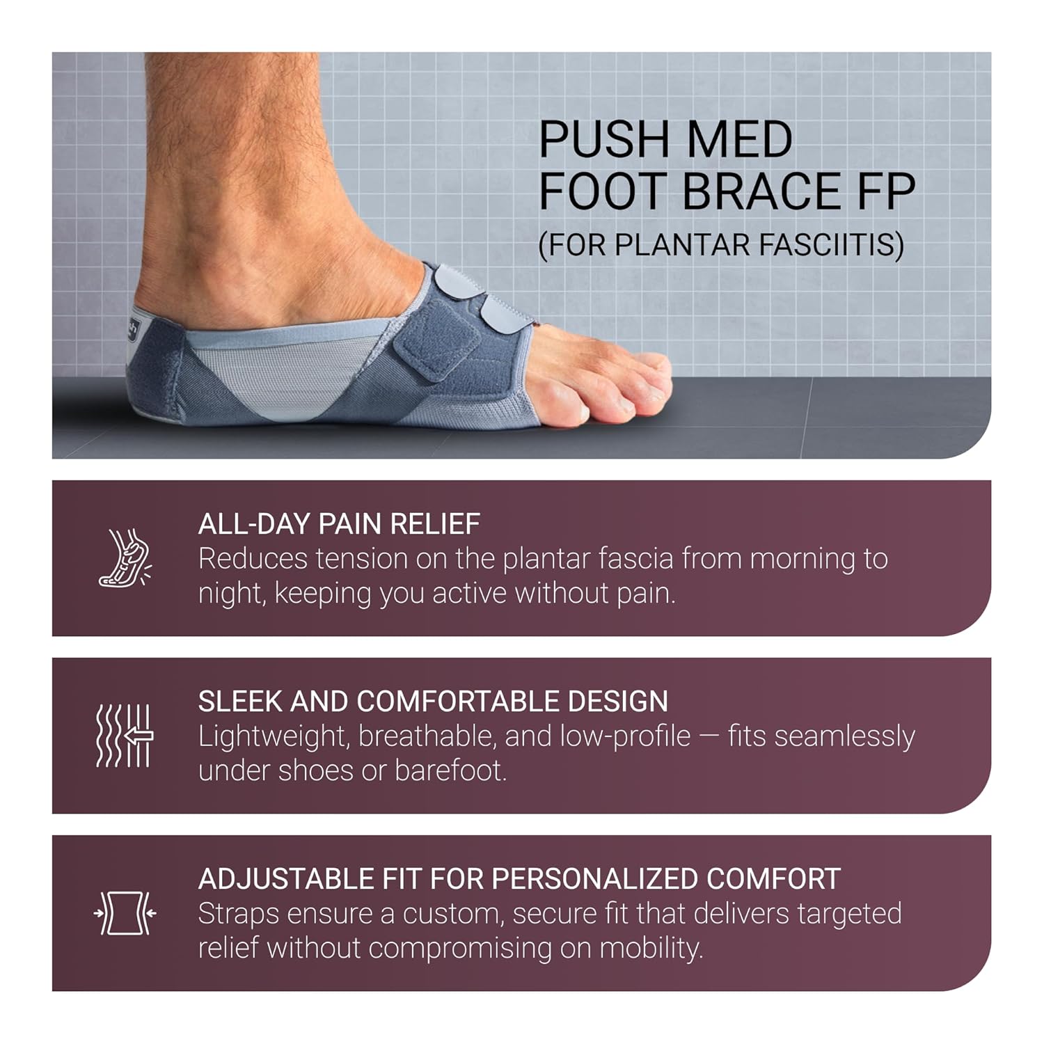 PUSH med Foot Brace FP | All-Day Plantar Fasciitis Relief Brace for Heel Pain | Lightweight Foot Support, Worn With or Without Shoes (Left, Size 2)