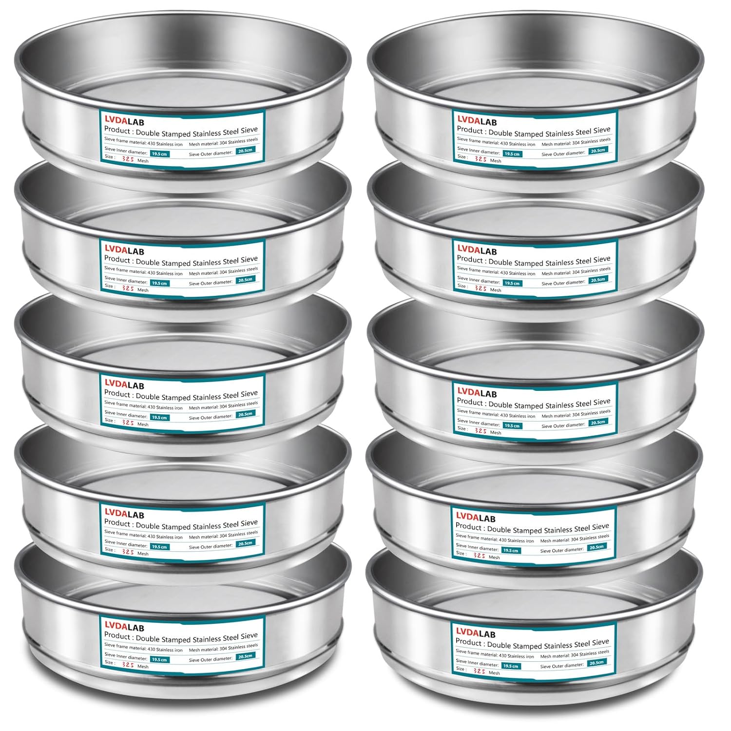 10Pack 304 Stainless Steel Mesh Lab Sieve Set - 325 Mesh,Pore Size 0.045mm, Ф7.9Inch (20cm) Economy Standard Analysis Sample Sifter Sieve- Durable Test Sieves for Industrial, Laboratory & Home Use