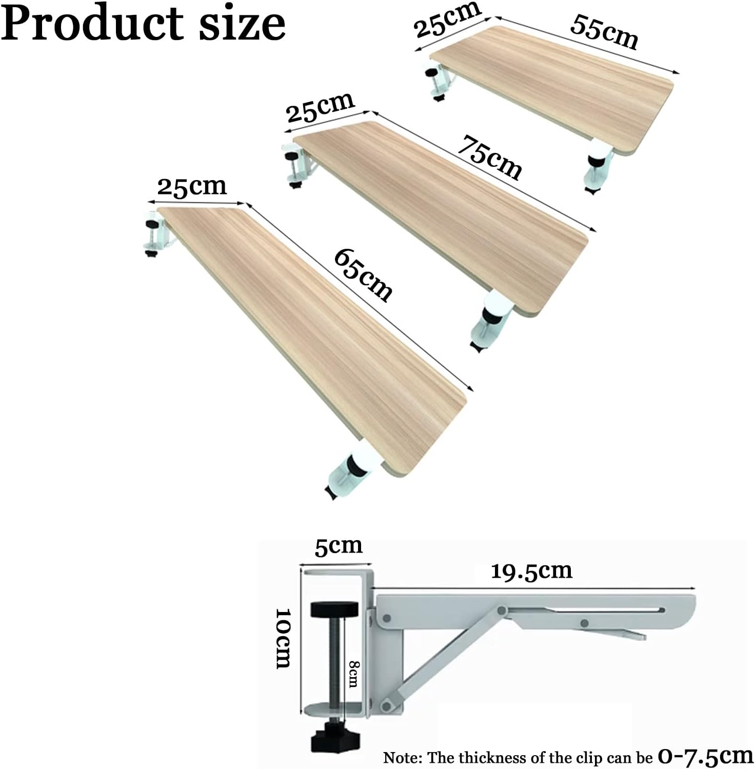 Computer Desk Extender Mouses Tray 55/65/75x25cm - 90° Foldable Keyboard Tray Wooden Support Shelf - with K-Bracket - Ergonomic Table Arm Elbow Support for Office,Black-75x25cm(30x10Inch)