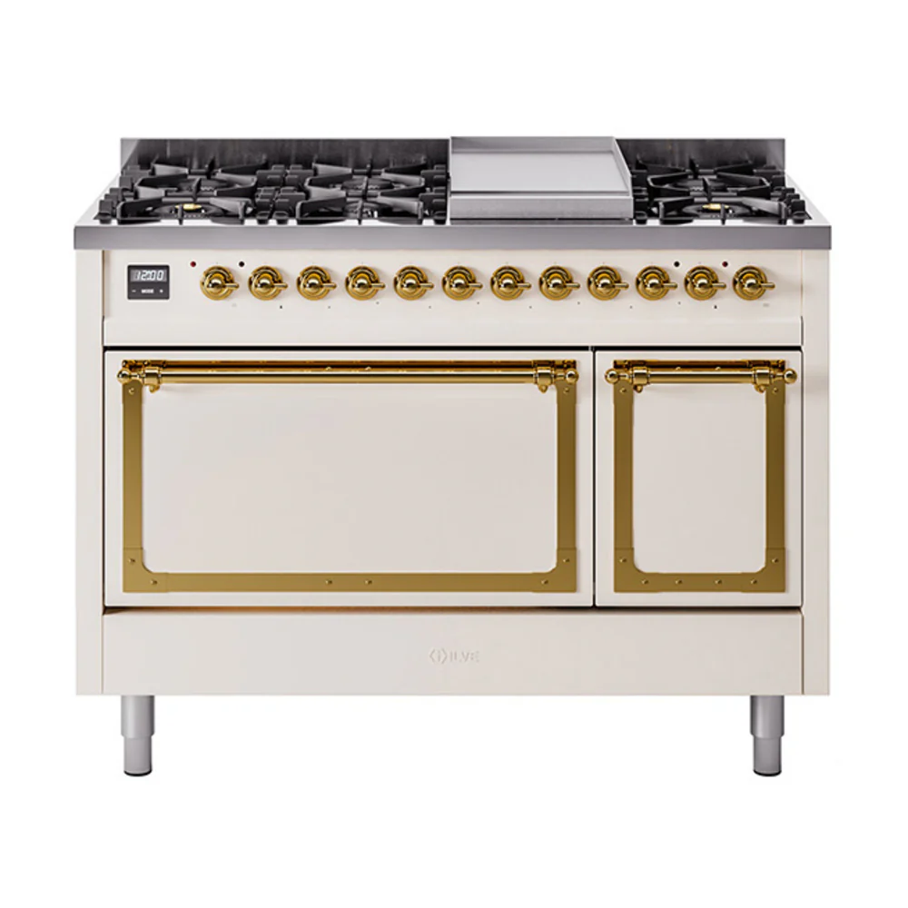 ILVE Nostalgie II Noblesse 48-Inch Dual Fuel Freestanding Range with Solid Door Oven in Antique White with Brass Trim (UN48FQNMPAWG)
