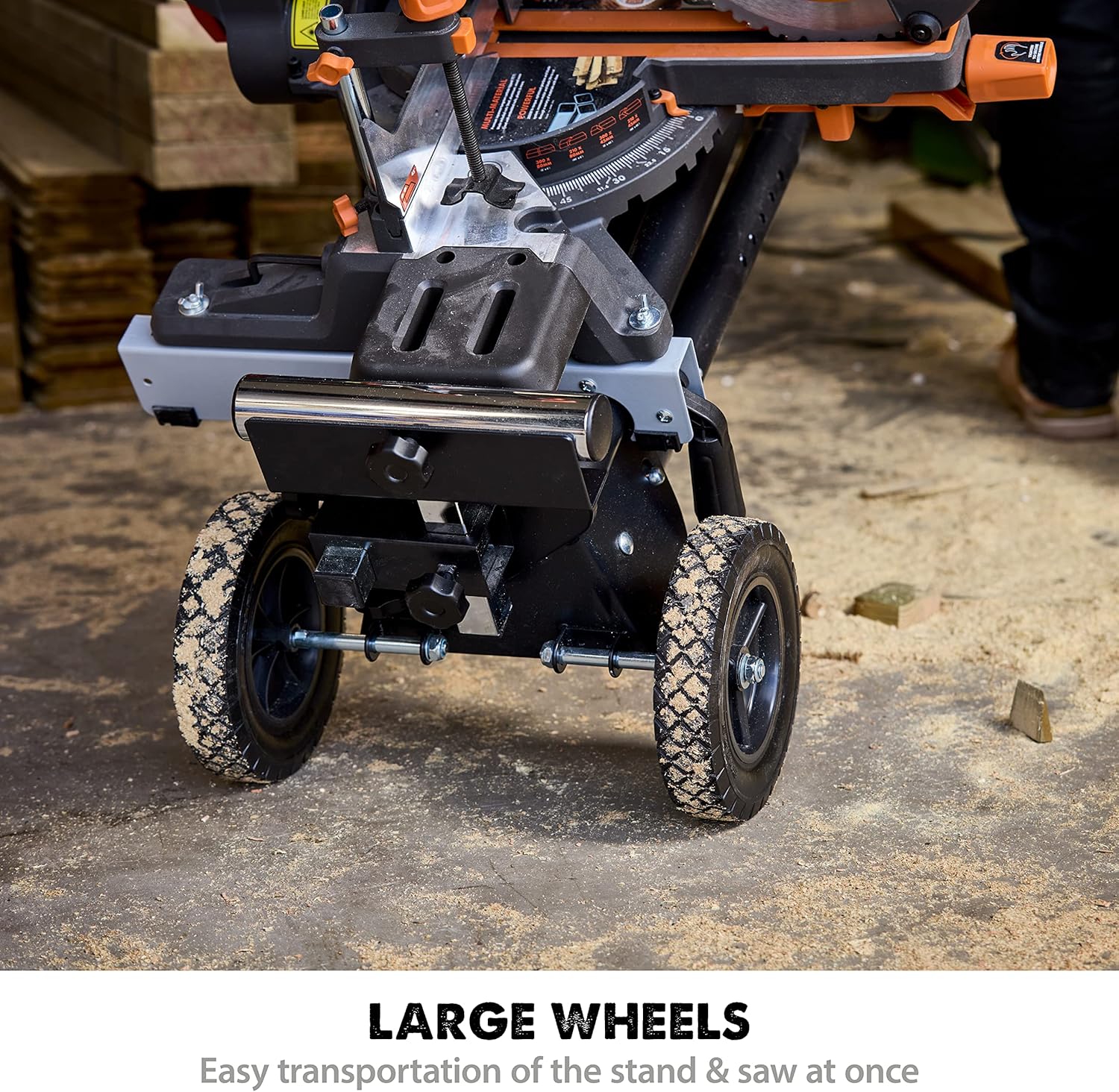 Evolution Power Tools Miter Saw Stand PLUS - Compact Folding Stand with Extendable Arms, Large Wheels, Universal Fittings for Most Brands Evolution, Makita, DeWalt, Bosch, Ryobi, Einhell and Metabo